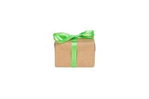 Gift box with green ribbon isolated on white background. holiday concept you you design. perspective view photo