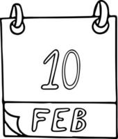 calendario dibujado a mano en estilo garabato. 10 de febrero. día mundial de las legumbres, fecha. icono, elemento adhesivo para el diseño. planificación, vacaciones de negocios vector