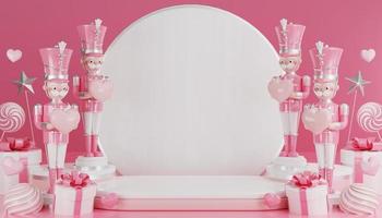 3d renderizar el día de san valentín con pantalla de podio rosa para el producto enamorado y corazón con soporte de podio de cilindro para mostrar el producto cosmético en el fondo. foto