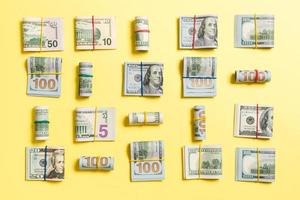 colored Background with money american hundred dollar bills on top wiev with copy space for your text in business concept photo