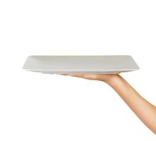 Blank white matte rectangular plate in female hand. perspective view, isolated on white background photo