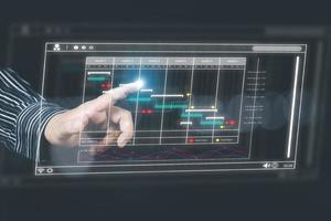 concepto de gestión de proyectos de flujo de trabajo proceso de señalización de manos de hombres y automatización de flujo de trabajo con diagrama de flujo foto