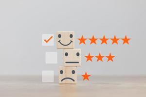 Customer service and Satisfaction concept a cube wood doing online assessments in the satisfaction rating the popular service company allows customers in order to improve and develop the organization photo