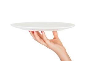 Blank empty round plate in female hand. perspective view, isolated on white background photo