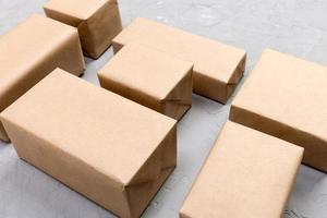 a lot of cardboard box on gray cement background. top view photo