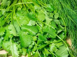 Mix of greens from the garden. Parsley, cilantro, dill on the kitchen table. Cooking. Useful food. Spices for the dish. Salad preparation. photo