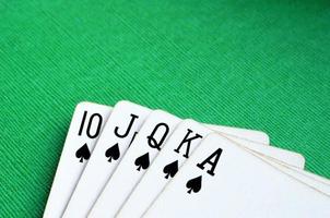 Old playing cards on a green background. Royal flush card combination. Copy space for text. Gambling concept. Poker cards.