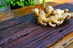 fresh ginger on the wooden floor  Ginger is a useful herb and used as a spice in cooking. photo