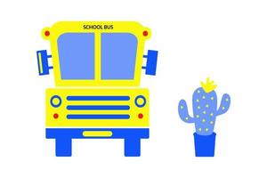 Yellow school bus front view with cactus. Back to school concept. Trend, modern design. Vector illustration