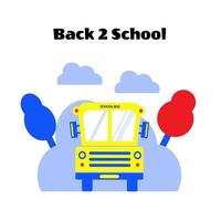 School bus front view with tree. Back 2 school positive motivation school slogan. Trend, modern design. Vector