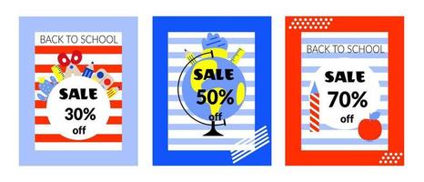 Back to school vector banners. Vertical background. Sale. Red and blue striped background  with education accessories element. Minimalist style, Vector illustration