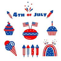 Independence day patriotic illustrations set. Cute vector prints for 4th of July. Independence day design elements in the colors of the US national flag.