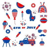 Independence day patriotic illustrations set. Cute vector prints for 4th of July. Independence day design elements in the colors of the US national flag.