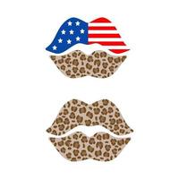 American lips.  4th of July. Independence day design elements in the colors of the US national flag. Vector logo Illustration. T shirt leopard print design