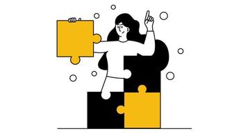 Woman and business puzzle vector illustration. Idea success strategy and cooperation. Jigsaw process building and corporate brainstorming. Character work and management development project