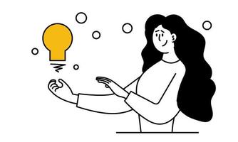 Woman and business idea vector illustration. Girl hold light bulb and businesswoman success. Career worker and professional female office manager. Finance leadership and employee showing strategy