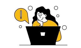 Woman on social network with laptop. Girl and internet technology with business vector illustration. Communication and online connection character with gadget. Connected and conversation with website
