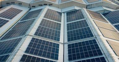 células solares en las granjas solares de una gran fábrica industrial. Las granjas solares están generando energía renovable para la industria. el objetivo es reducir el costo de la electricidad. foto