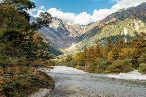 Kamikochi's hiking trail that walks through a nature trail in the heart of the Japanese mountains with the beauty of pines and mature trees changing their colors in the fall. photo