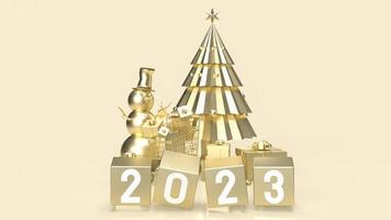 el cubo de oro 2023 y el árbol de navidad para el concepto publicitario de representación 3d foto