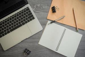 Flat lay office background about work from home photo