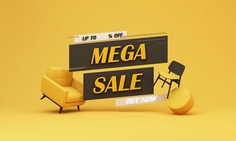 Flash sale banner template Special offer discount concept Sale of home decorations and furniture During promotions. surrounded by sofas chairs and advertising spaces. pastel background. 3d render photo