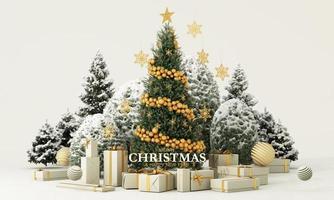 Christmas sparkling bright tree with star. Merry Christmas and Happy New Year. Realistic 3d design of objects, light garlands, bauble ball, Gift box, surprise gifts, gold confetti. 3d rendering photo