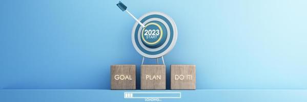 Countdown start new year 2023 with the vision and perspective of planning to achieve goals. concept for the future business and management. in cartoon illustration on pastel background. 3d rendering photo