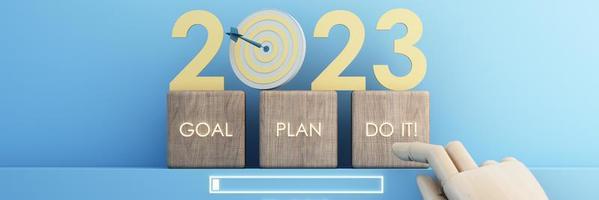 Countdown start new year 2023 with the vision and perspective of planning to achieve goals. concept for the future business and management. in cartoon illustration on pastel background. 3d rendering photo