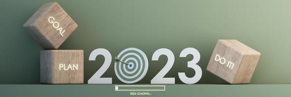 Countdown start new year 2023 with the vision and perspective of planning to achieve goals. concept for the future business and management. in cartoon illustration on pastel background. 3d rendering photo