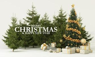 Christmas sparkling bright tree with star. Merry Christmas and Happy New Year. Realistic 3d design of objects, light garlands, bauble ball, Gift box, surprise gifts, gold confetti. 3d rendering photo