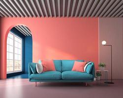 Colorful Scandinavian living room with decoration on living coral color wall and arched door. 3d rendering photo