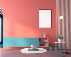 Colorful Scandinavian tv cabinet in the room with living coral color wall and picture frame. 3d rendering photo