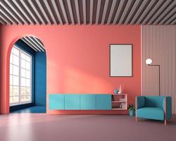 sala de estar colorida con decoración en pared de color coral vivo y puerta arqueada, mueble de televisión y marco de imagen, sillón y lámpara de pie. representación 3d foto
