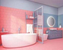 cuarto de baño colorido con decoración en azulejo de color coral vivo y pared azul claro. representación 3d foto