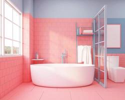 Colorful Shower Room with decoration on living coral color tile and light blue wall. 3d rendering photo