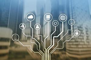 Telecommunication and IOT concept on blurred business center background. photo