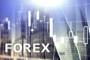 Forex trading, financial candle chart and graphs on blurred business center background. photo