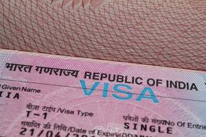fragmento de primer plano de la visa de turista india en el pasaporte. concepto de viajes y turismo foto