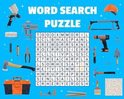 Construction DIY tools, word search puzzle vector