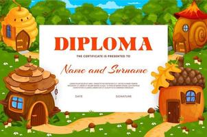 diploma de niños con bellota de cuento de hadas, casas de colmena vector