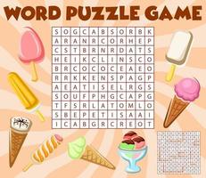 Ice cream, word search puzzle game worksheet grid vector