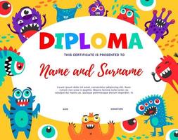 Kids diploma with funny monster characters vector