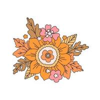 Bouquet of autumn flowers and yellowed leaves. In the center of the composition is a sunflower, on the sides are maple, oak and acorn leaves. Vector illustration.