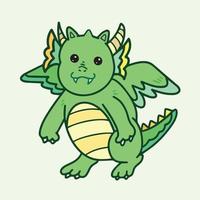 Linda mascota de personaje de dragón kawaii verde con alas y cuernos. dibujo de ilustración de vector de estilo de dibujos animados con color plano y arte de línea limpia