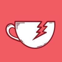 Fragile breaking coffee or tea cup mug, frail themed vector illustration on red background. Simple cartoon flat art style drawing.