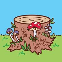 Overgrown stump with mushroom and grass all around it vector illustration on blue sky background with cartoon style drawing. Cute and simple art.