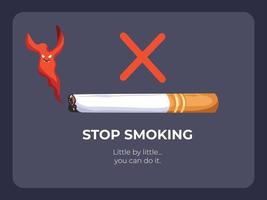 Try to stop smoking little by little. No smoking vector illustration drawing with evil red smoke for poster banner template. Isolated on dark background