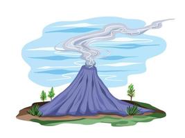 montaña con humo saliendo de adentro con pasto y tierra alrededor. pequeño árbol y decoración de hierba alrededor. ilustración de vector de naturaleza aislada sobre fondo blanco