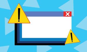 bloqueo de notificación del sistema con espacio en blanco de notificaciones de computadora de error de advertencia. signo de exclamación de advertencia de triángulo amarillo con ventanas emergentes blancas sobre fondo azul y patrón de triángulo vector